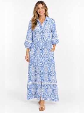Debbie Katz South Beach Blue White Maxi Shirt Dress Cover Up Boho Size S